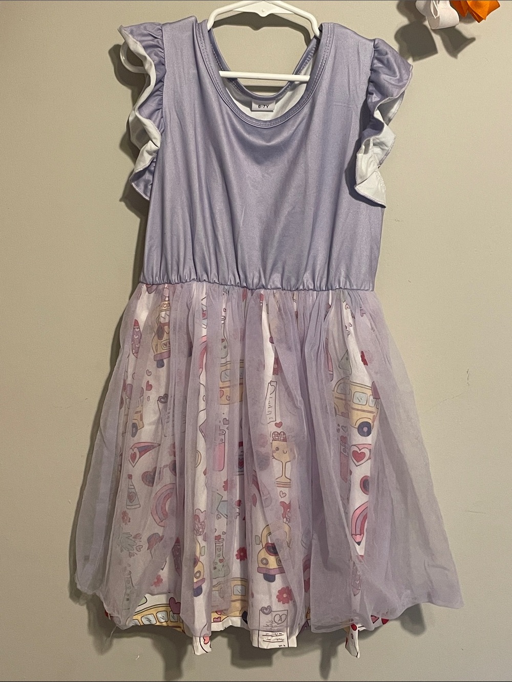 Girls Lilac Ruffle Sleeve Tulle Dress school theme 6-7Y